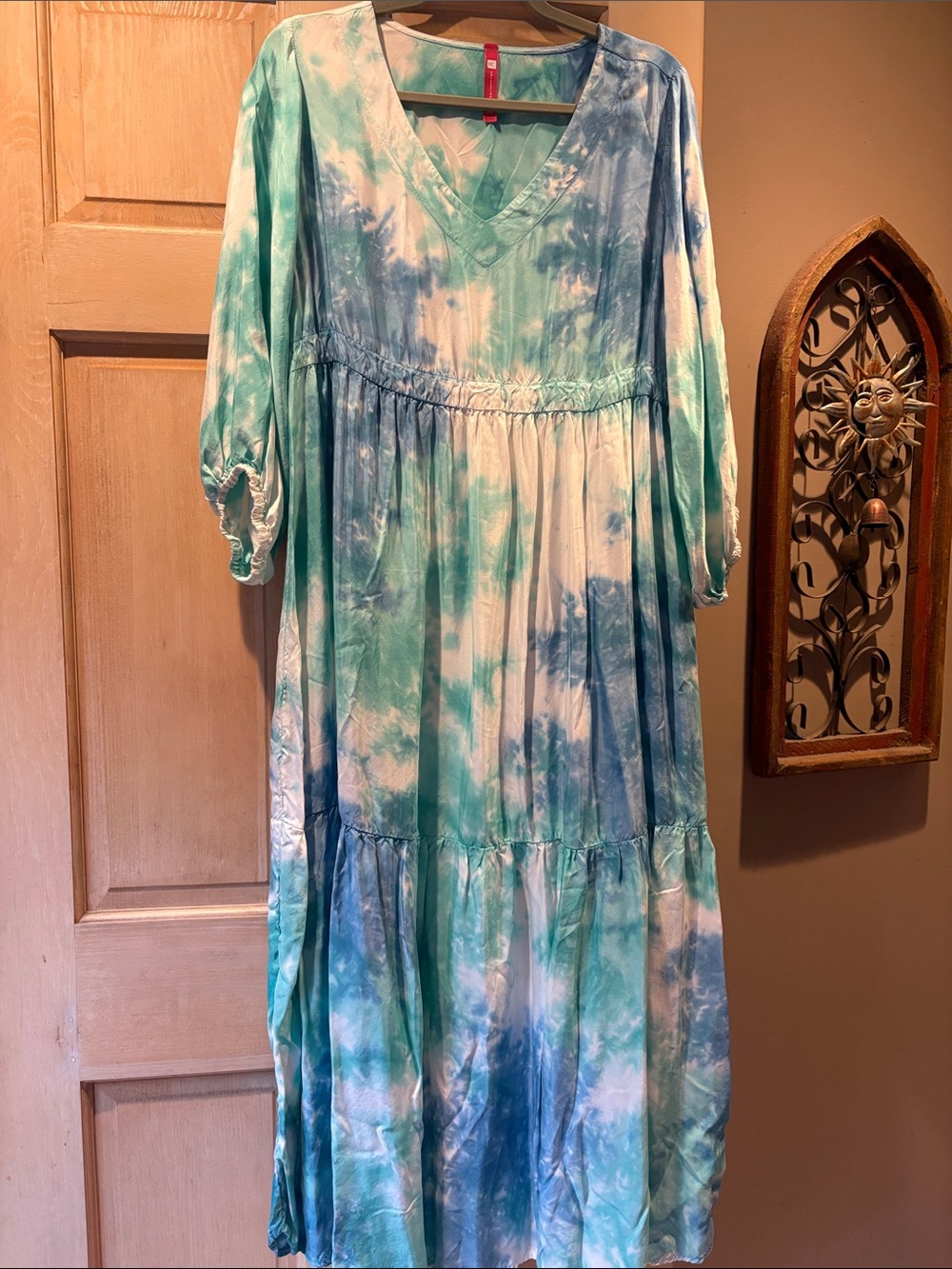 Boho Tie-Dye V-Neck Dress in Aqua Blue Size M